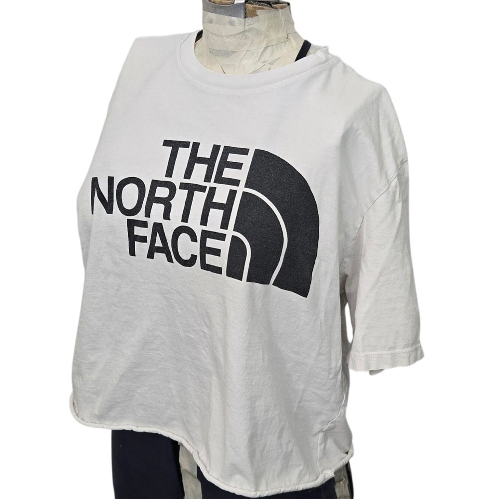 The North Face Cropped T Shirt Womens Medium White Black Spellout Logo Raw Hem